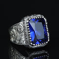 925 Sterling Silver Blue Sapphire Ring , Octogon Blue Gemstone Signet Ring, Vintage Engraved Statement Ring, Intricate Floral Filigree Design
