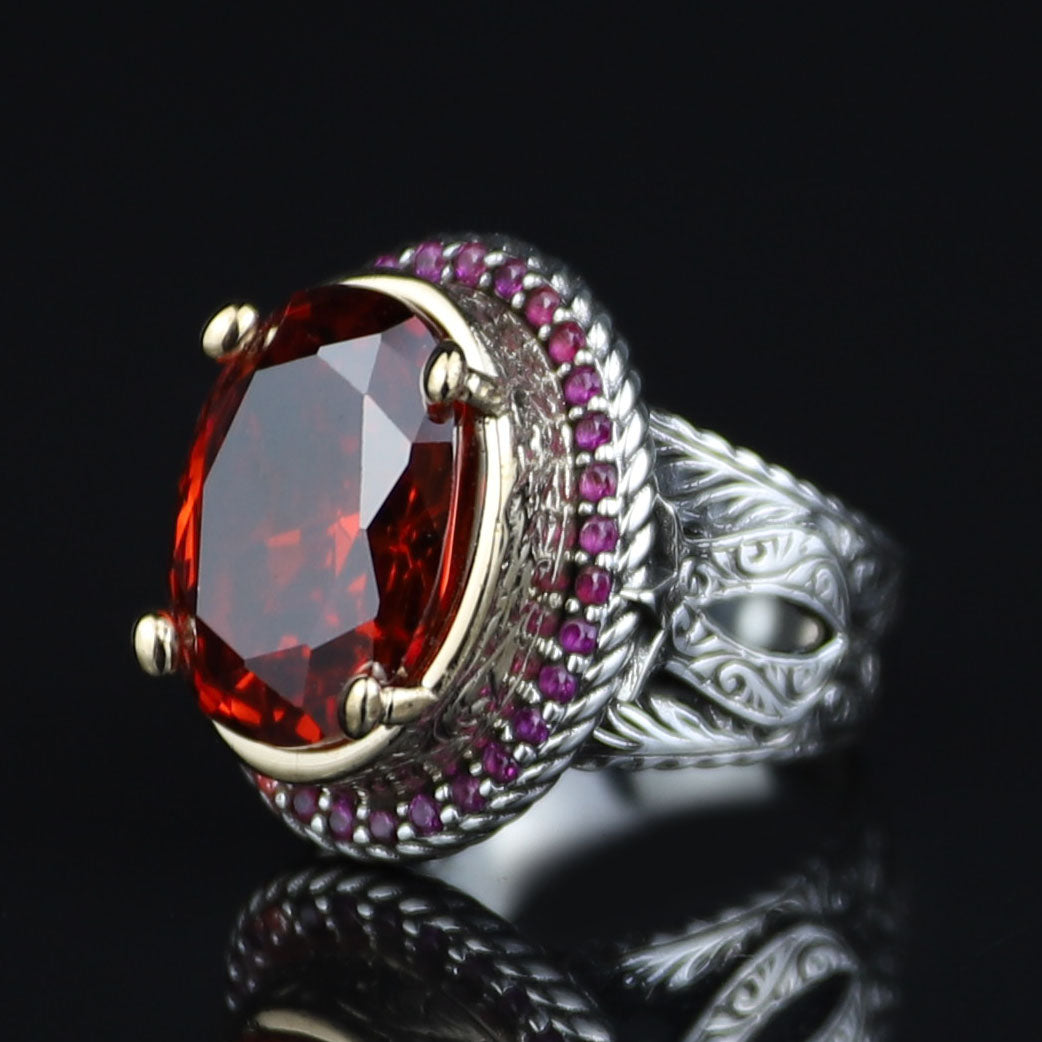 925 Sterling Silver Men’s Red Garnet Ring, Oval Red Gemstone Statement Ring, Vintage Turkish Style Ring