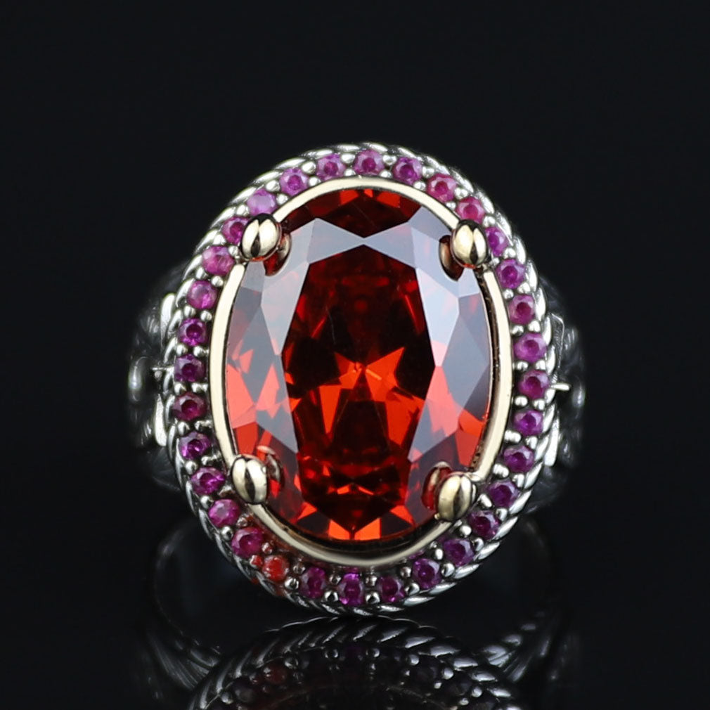 925 Sterling Silver Men’s Red Garnet Ring, Oval Red Gemstone Statement Ring, Vintage Turkish Style Ring