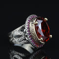 925 Sterling Silver Men’s Red Garnet Ring, Oval Red Gemstone Statement Ring, Vintage Turkish Style Ring