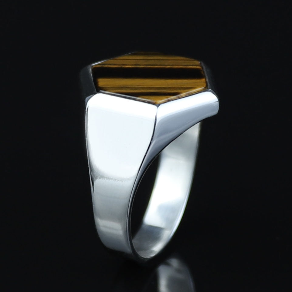 925 Hexagon Tiger's Eye Stone Ring, Silver Tiger Eye Ring, Signet Tiger Ege Gemstone Ring, Handmade Tiger Eye Stone Ring , Gift to Him