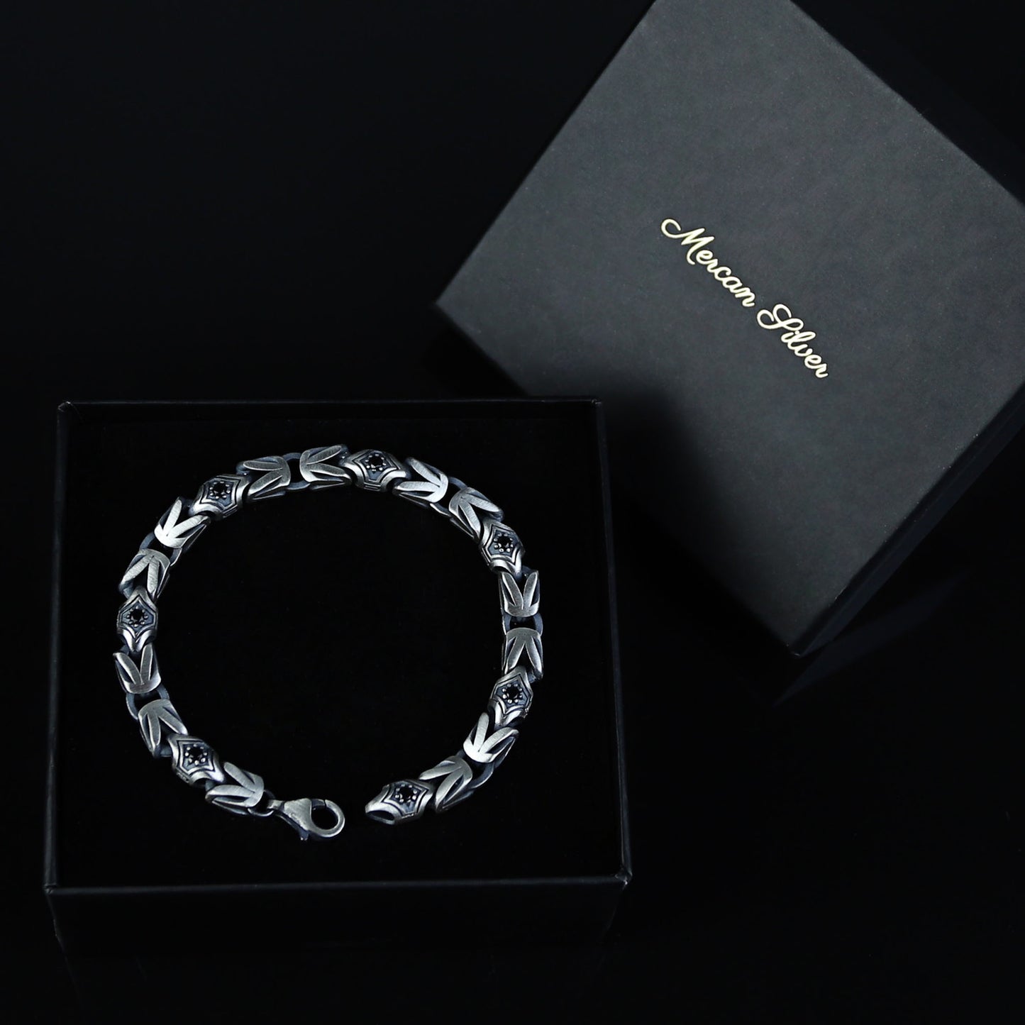 Men Silver 10MM Round Onyx Gemstone Byzantine Chain Bracelet