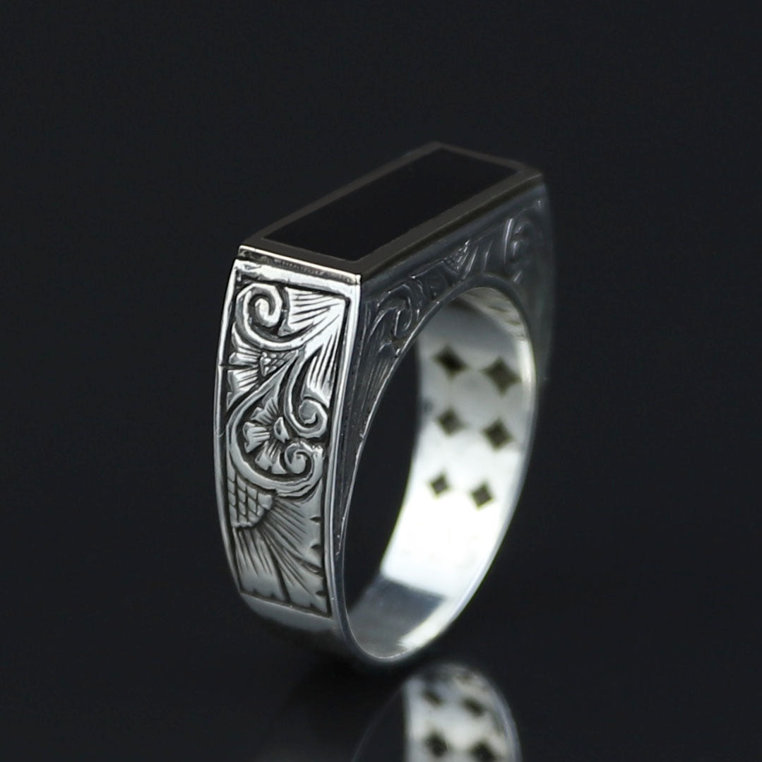 925 Sterling Silver Men’s Black Onyx Signet Ring, Rectangular Engraved Statement Ring, Turkish Handmade Jewelry