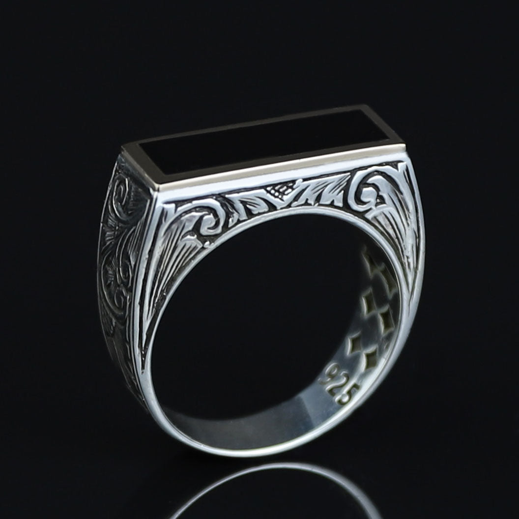 925 Sterling Silver Men’s Black Onyx Signet Ring, Rectangular Engraved Statement Ring, Turkish Handmade Jewelry