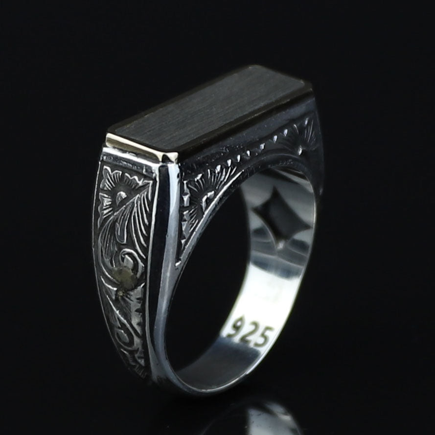 925 Sterling Silver Men’s Engraved Custom Signet Ring, Rectangular Engraved Statement Ring, Turkish Handmade Jewelry