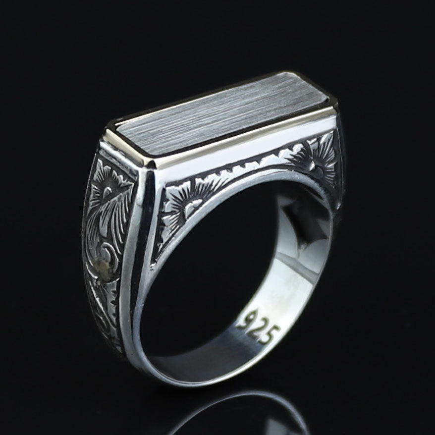 925 Sterling Silver Men’s Engraved Custom Signet Ring, Rectangular Engraved Statement Ring, Turkish Handmade Jewelry