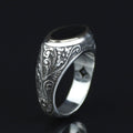 925 Sterling Silver Black Onyx Ring for Men, Vintage Oval Black Stone Signet Ring, Engraved  Style Statement Ring, Intricate Floral Side Design