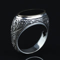 925 Sterling Silver Black Onyx Ring for Men, Vintage Oval Black Stone Signet Ring, Engraved  Style Statement Ring, Intricate Floral Side Design