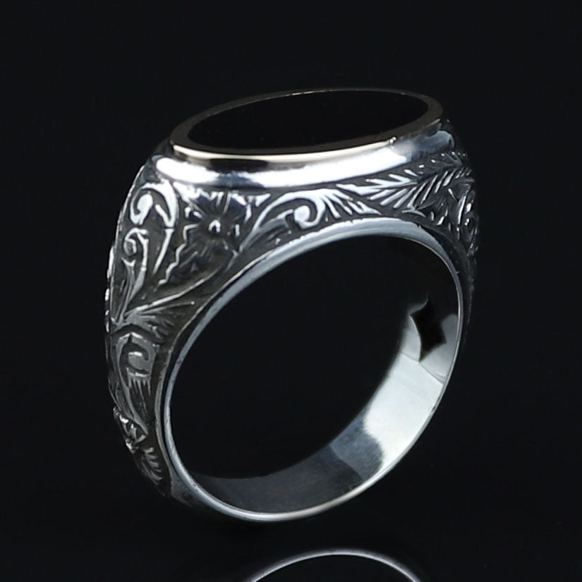925 Sterling Silver Black Onyx Ring for Men, Vintage Oval Black Stone Signet Ring, Engraved  Style Statement Ring, Intricate Floral Side Design