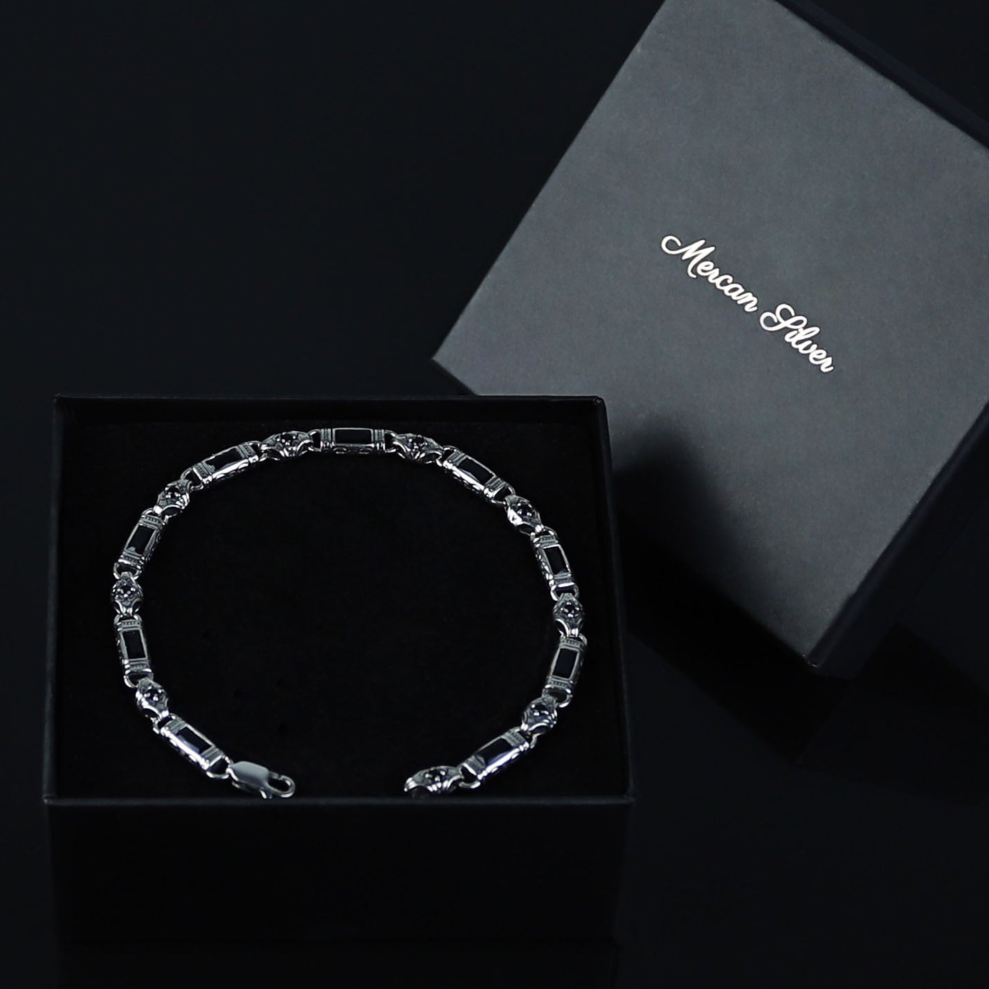 Men Silver Engraved Onyx Gemstone Byzantine Chain