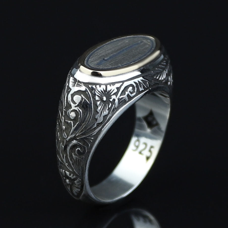 925 Sterling Silver Men’s Arabic Alif Letter Signet Ring, Vintage Engraved Oval Ring, Islamic Style Statement Ring,