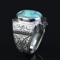 925 Sterling Silver Turquoise Ring for Men, Natural Turquoise Oval Gemstone Signet Ring, Vintage Engraved Statement Ring, Intricate Floral Filigree Design