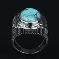 925 Sterling Silver Turquoise Ring for Men, Natural Turquoise Oval Gemstone Signet Ring, Vintage Engraved Statement Ring, Intricate Floral Filigree Design