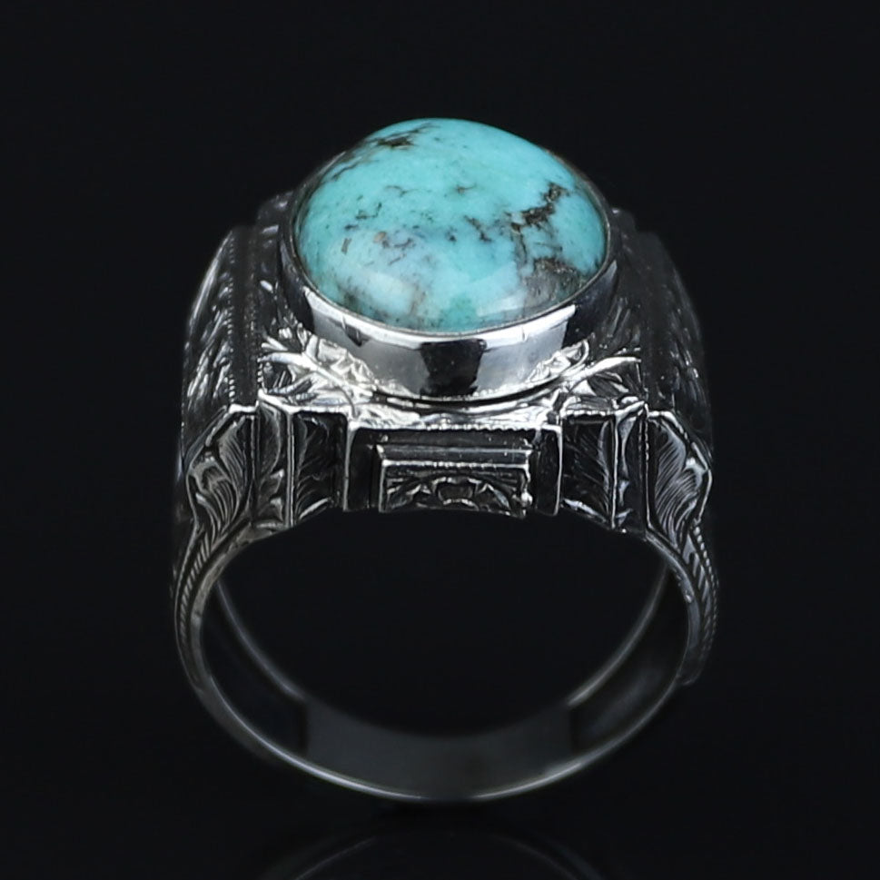 925 Sterling Silver Turquoise Ring for Men, Natural Turquoise Oval Gemstone Signet Ring, Vintage Engraved Statement Ring, Intricate Floral Filigree Design