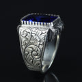 925 Sterling Silver Blue Sapphire Ring , Octogon Blue Gemstone Signet Ring, Vintage Engraved Statement Ring, Intricate Floral Filigree Design