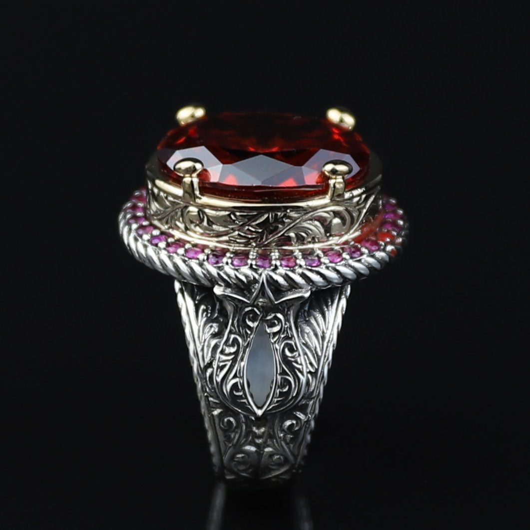 925 Sterling Silver Men’s Red Garnet Ring, Oval Red Gemstone Statement Ring, Vintage Turkish Style Ring