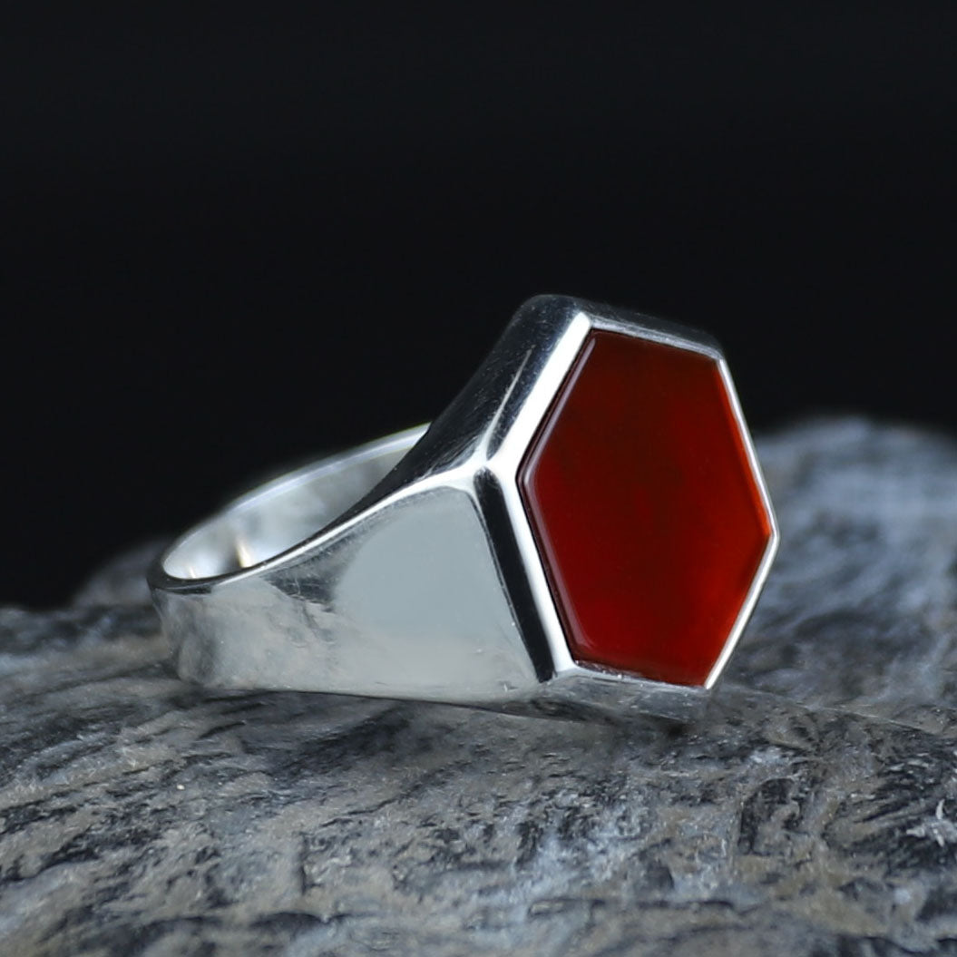925 Silver Classic Red Agate Ring, Hexagon Red Carnelian Gemstone Ring, Men Signet Handmade Ring, 925k Sterling Silver, Gift For Men