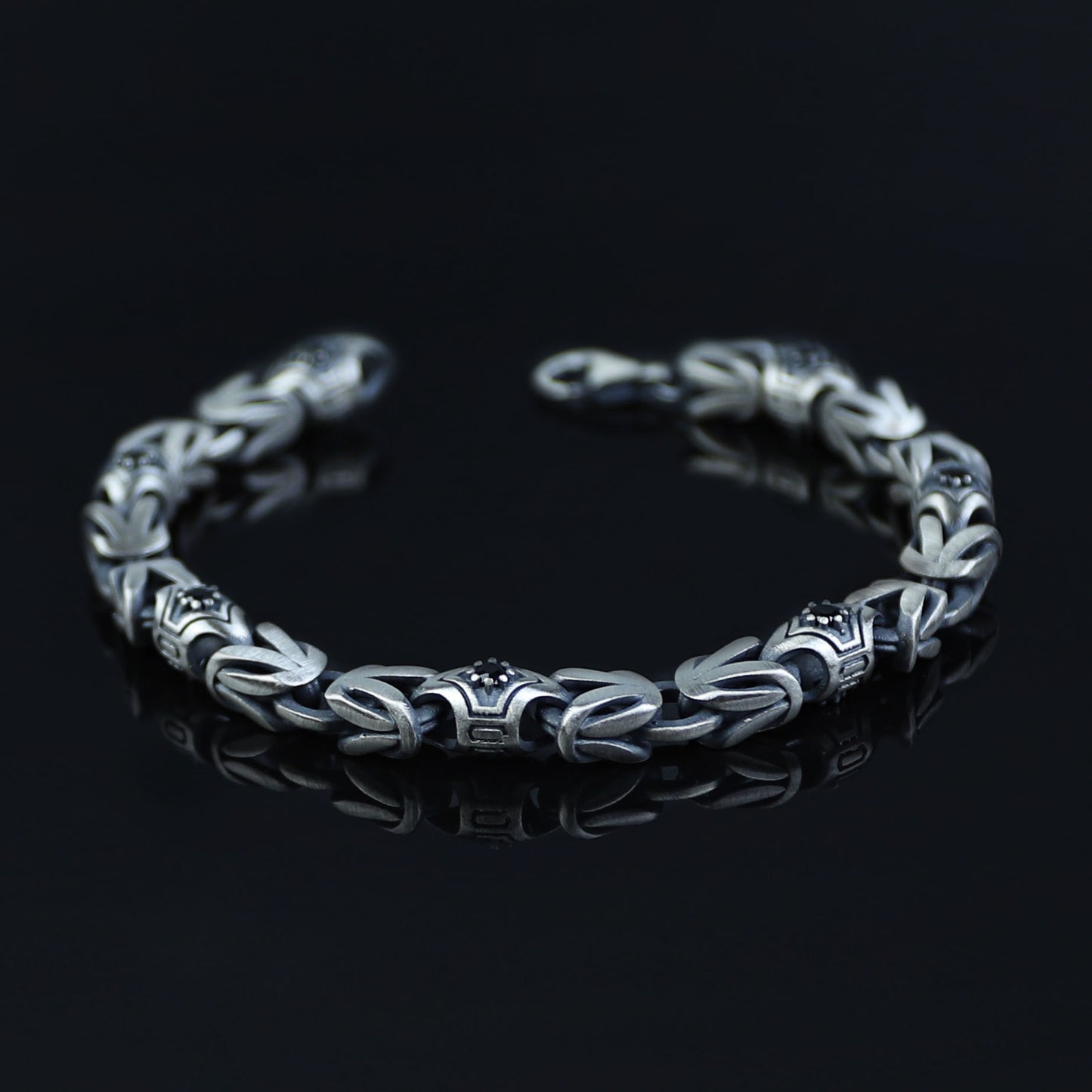 Men Silver 10MM Round Onyx Gemstone Byzantine Chain Bracelet