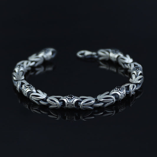 Men Silver 10MM Round Onyx Gemstone Byzantine Chain Bracelet