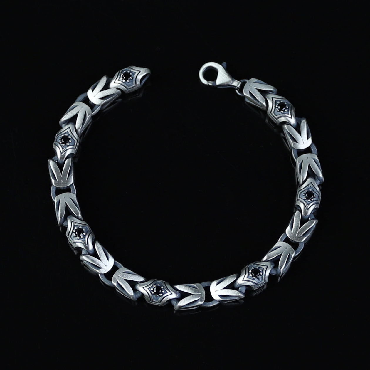 Men Silver 10MM Round Onyx Gemstone Byzantine Chain Bracelet