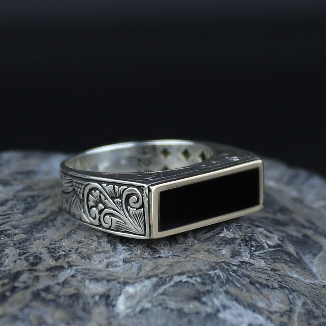925 Sterling Silver Men’s Black Onyx Signet Ring, Rectangular Engraved Statement Ring, Turkish Handmade Jewelry