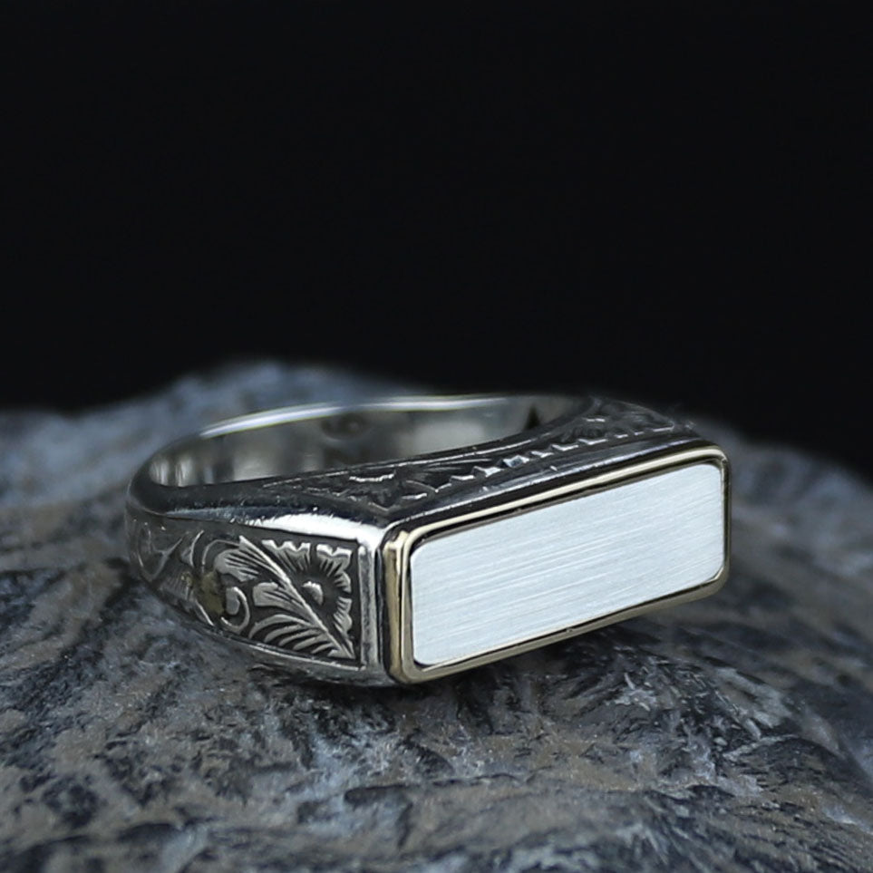 925 Sterling Silver Men’s Engraved Custom Signet Ring, Rectangular Engraved Statement Ring, Turkish Handmade Jewelry