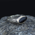 925 Sterling Silver Black Onyx Ring for Men, Vintage Oval Black Stone Signet Ring, Engraved  Style Statement Ring, Intricate Floral Side Design