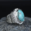 925 Sterling Silver Turquoise Ring for Men, Natural Turquoise Oval Gemstone Signet Ring, Vintage Engraved Statement Ring, Intricate Floral Filigree Design