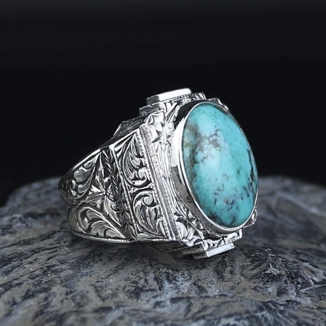 925 Sterling Silver Turquoise Ring for Men, Natural Turquoise Oval Gemstone Signet Ring, Vintage Engraved Statement Ring, Intricate Floral Filigree Design