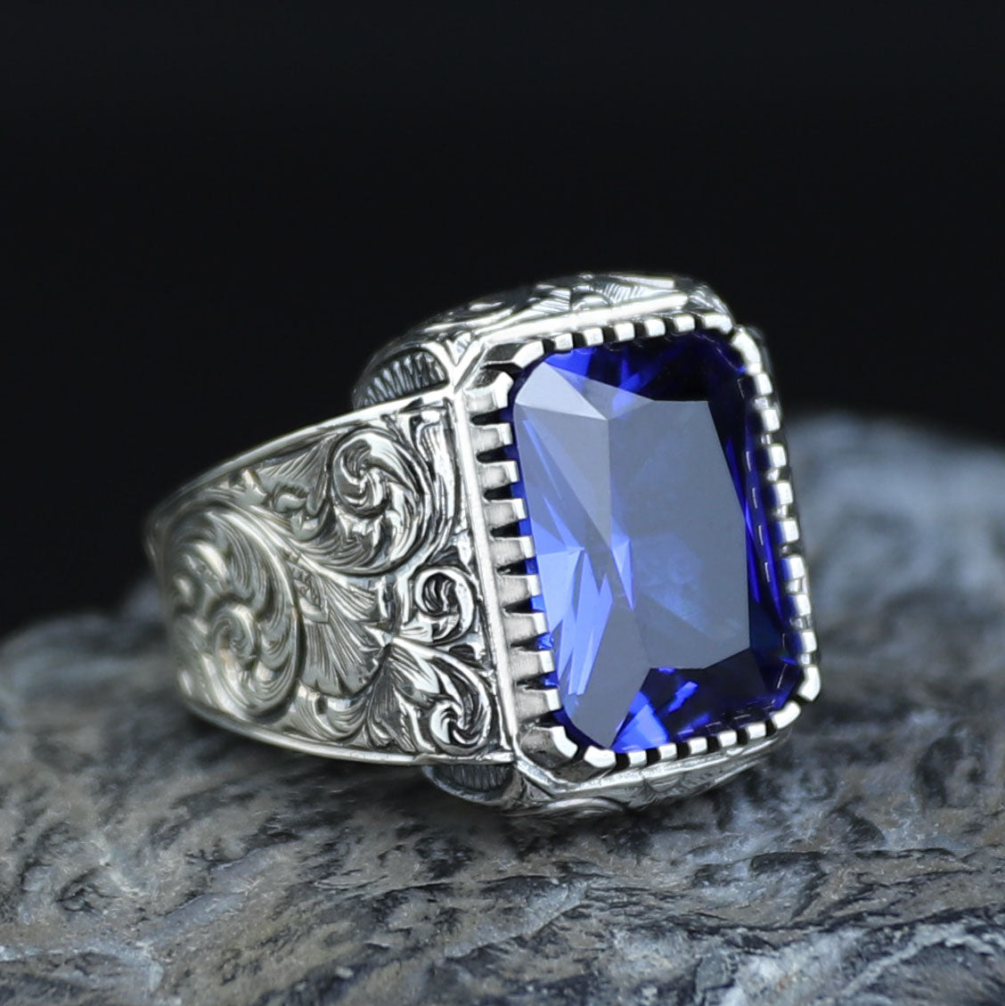 925 Sterling Silver Blue Sapphire Ring , Octogon Blue Gemstone Signet Ring, Vintage Engraved Statement Ring, Intricate Floral Filigree Design