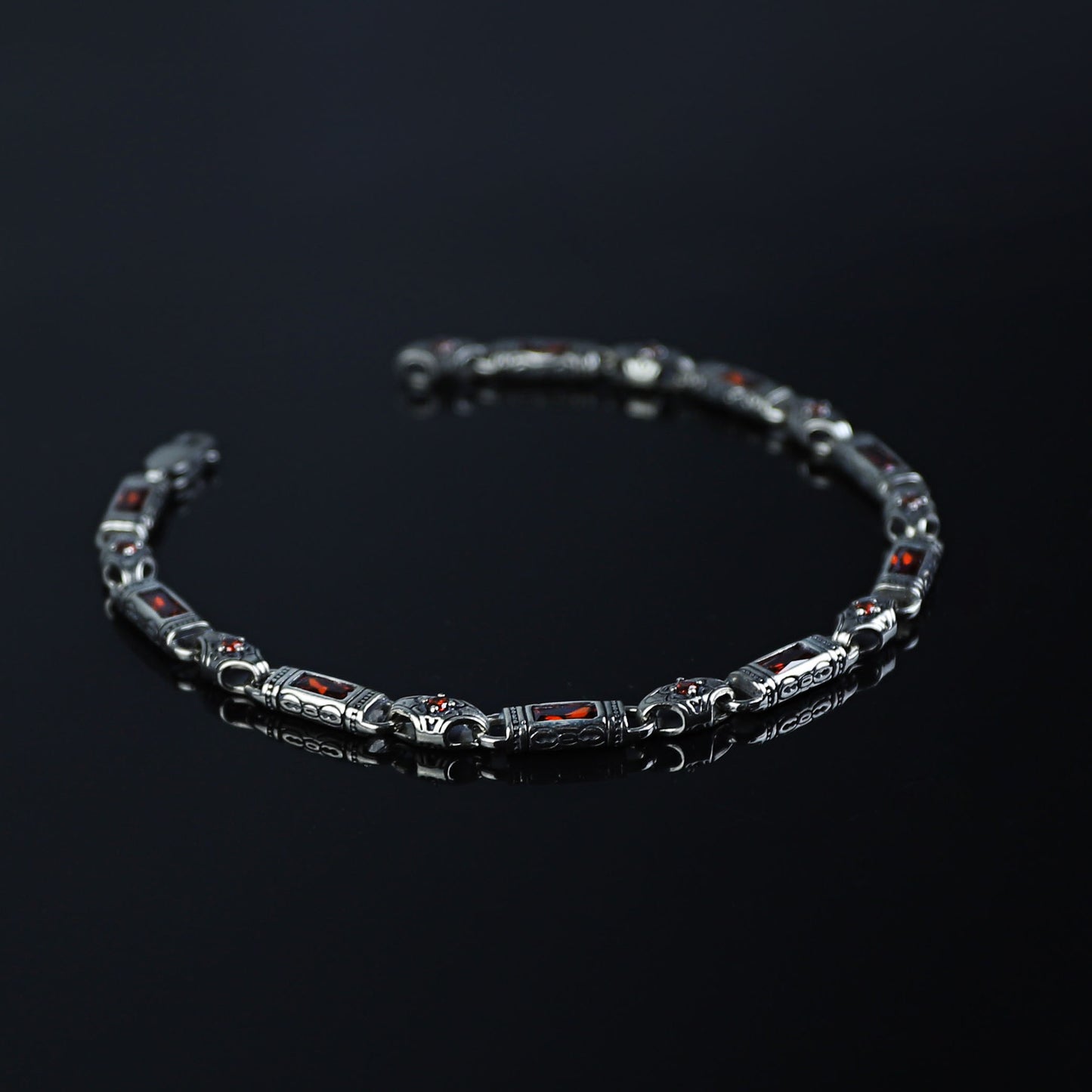 Men Silver Engraved Onyx Gemstone Byzantine Chain