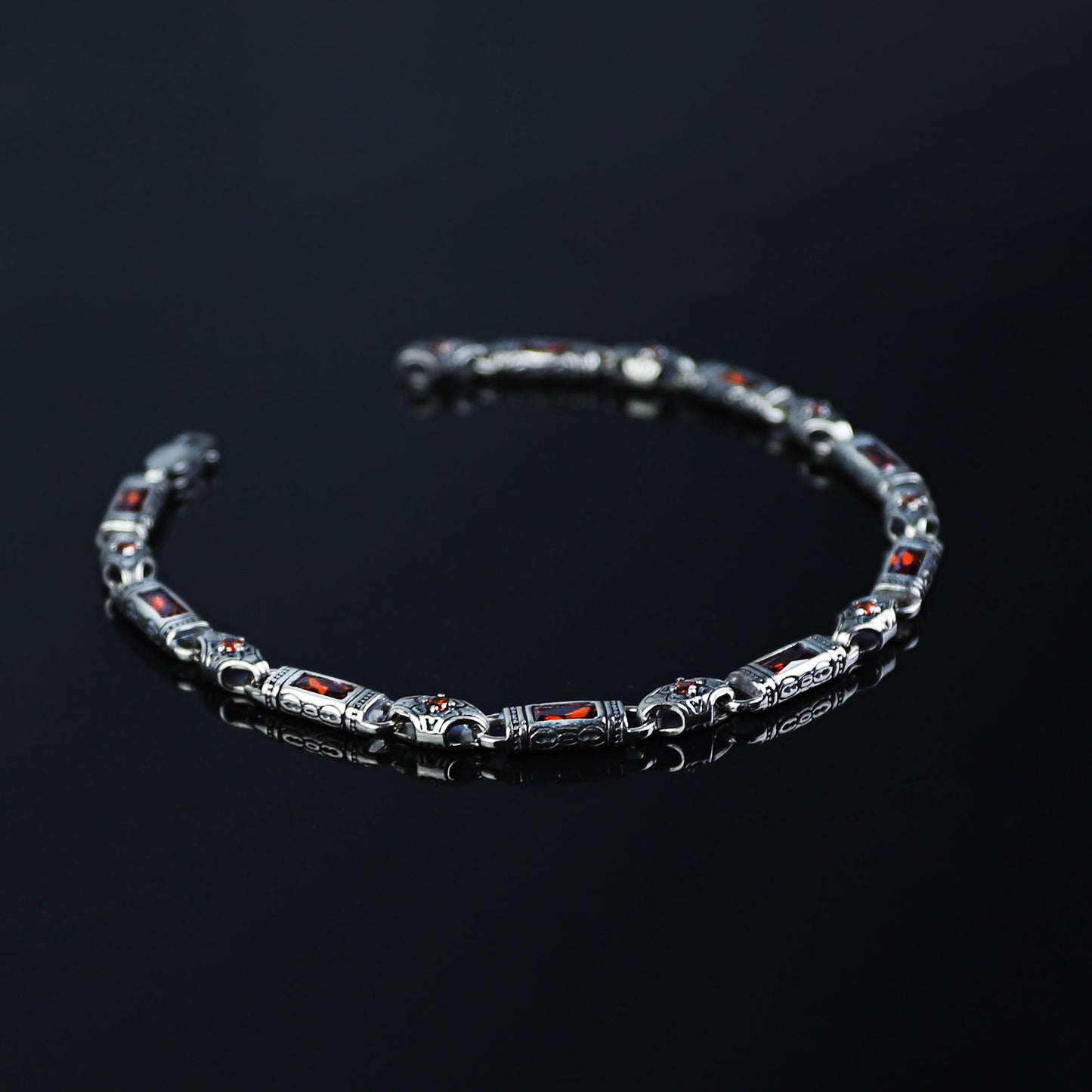 Men Silver Ruby Hand-Engraved Byzantine Chain Bracelet Ruby Link Chain Men Bracelet