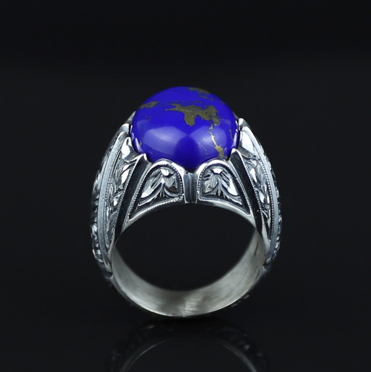 Men Handmade Turkish Engraved Blue Lapis Lazuli Gemstone Silver Ring