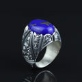 Men Handmade Turkish Engraved Blue Lapis Lazuli Gemstone Silver Ring