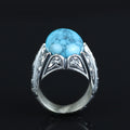 Men Handmade Sterling Silver Oval Floral Engraved Turquoise Gemstone Ring