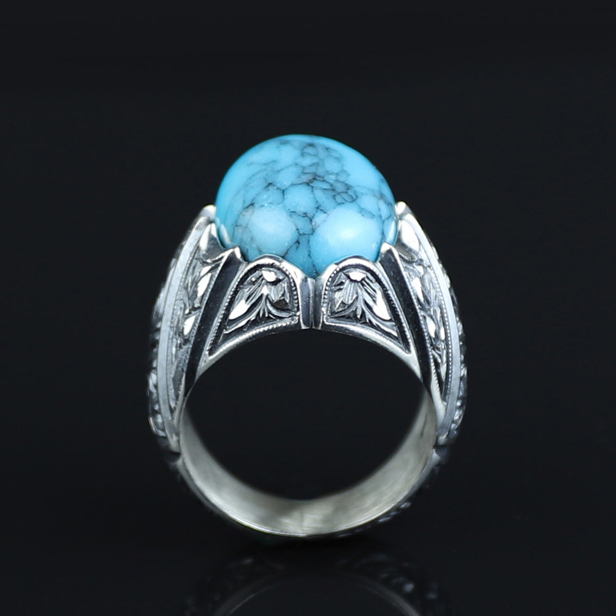 Men Handmade Sterling Silver Oval Floral Engraved Turquoise Gemstone Ring