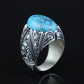 Men Handmade Sterling Silver Oval Floral Engraved Turquoise Gemstone Ring