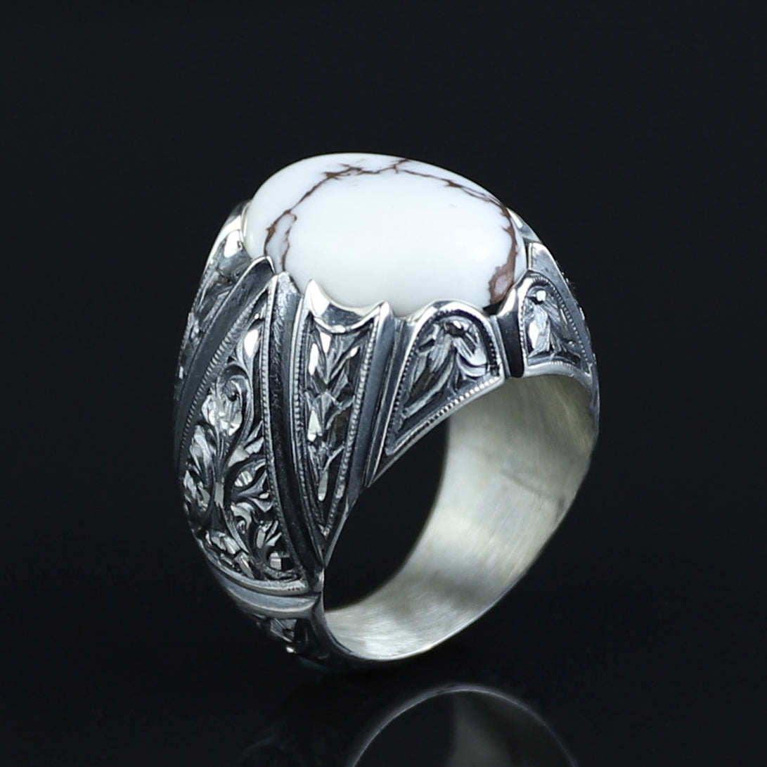 Men Handmade Buffalo Turquoise Gemstone Engraved Ring