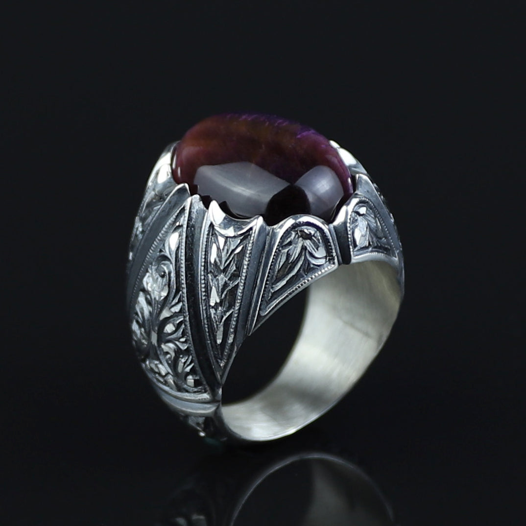 Men Handmade Purple Tiger Eye Gemstone Ottoman Style Engraved Ring