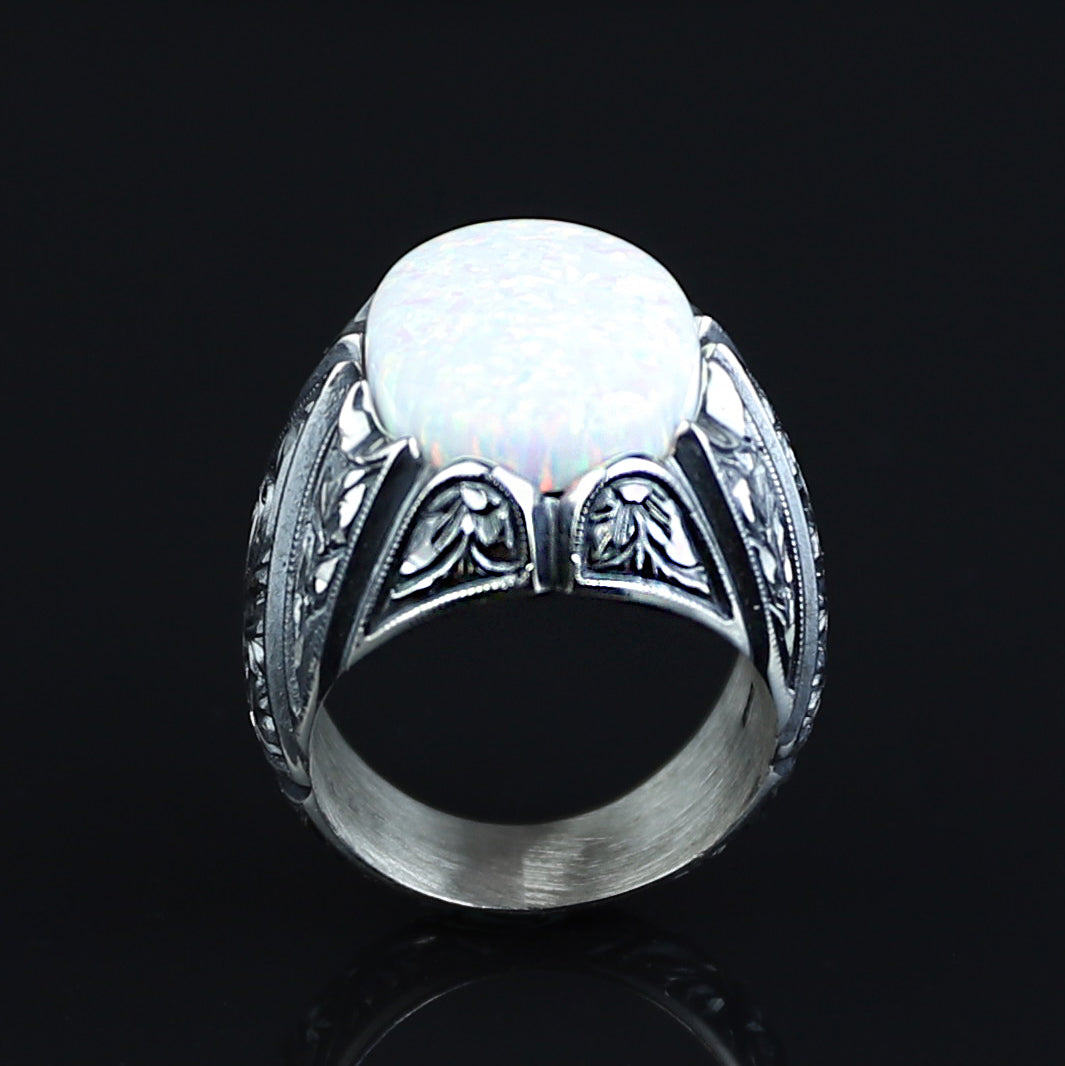 925 Men Handmade White Fire Opal Gemstone Turkish Engraved Ring
