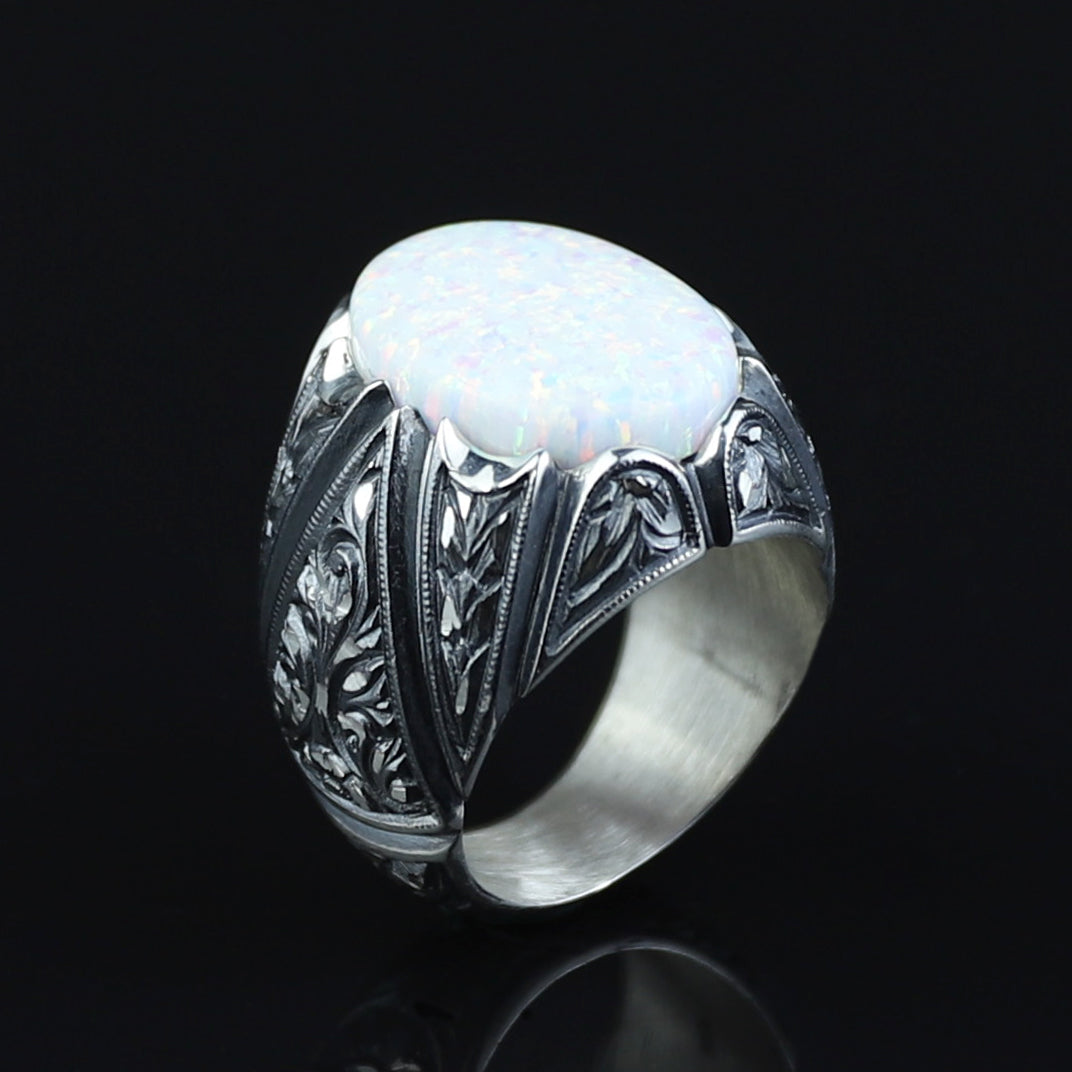 925 Men Handmade White Fire Opal Gemstone Turkish Engraved Ring