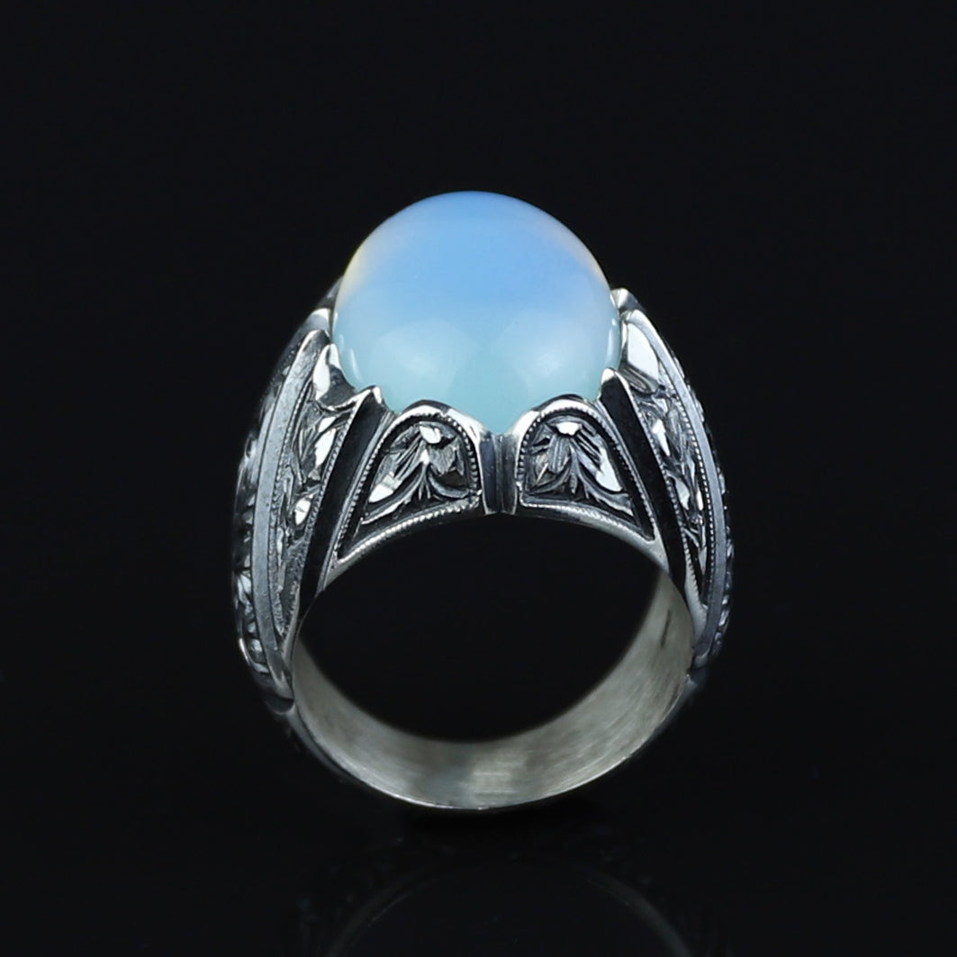 Men Handmade Rainbow Moonstone Engraved Turkish Handmade Ring