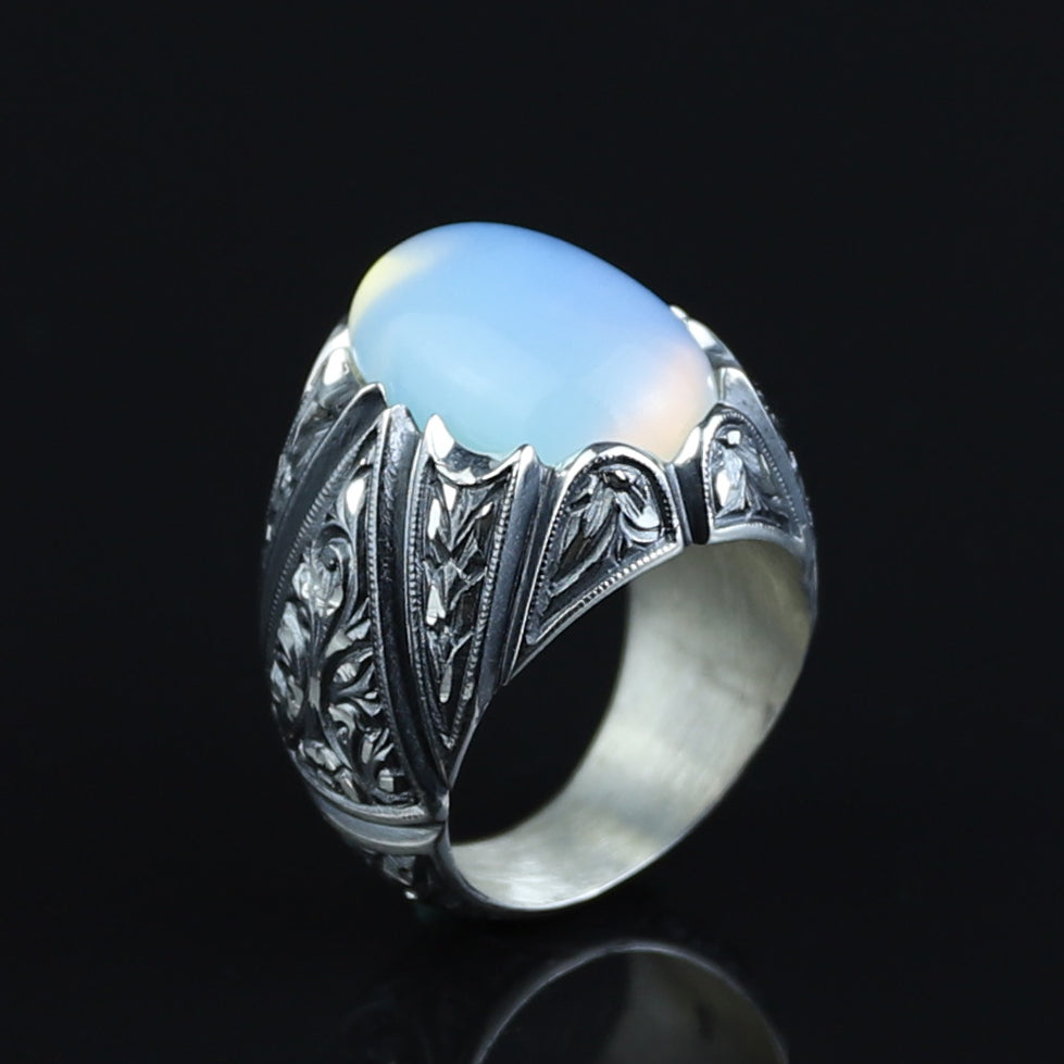 Men Handmade Rainbow Moonstone Engraved Turkish Handmade Ring