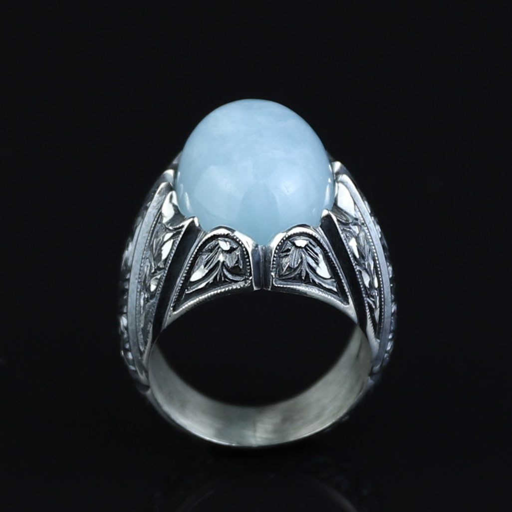 925 Men Handmade Silver Natural Aquamarine Gemstone Ring
