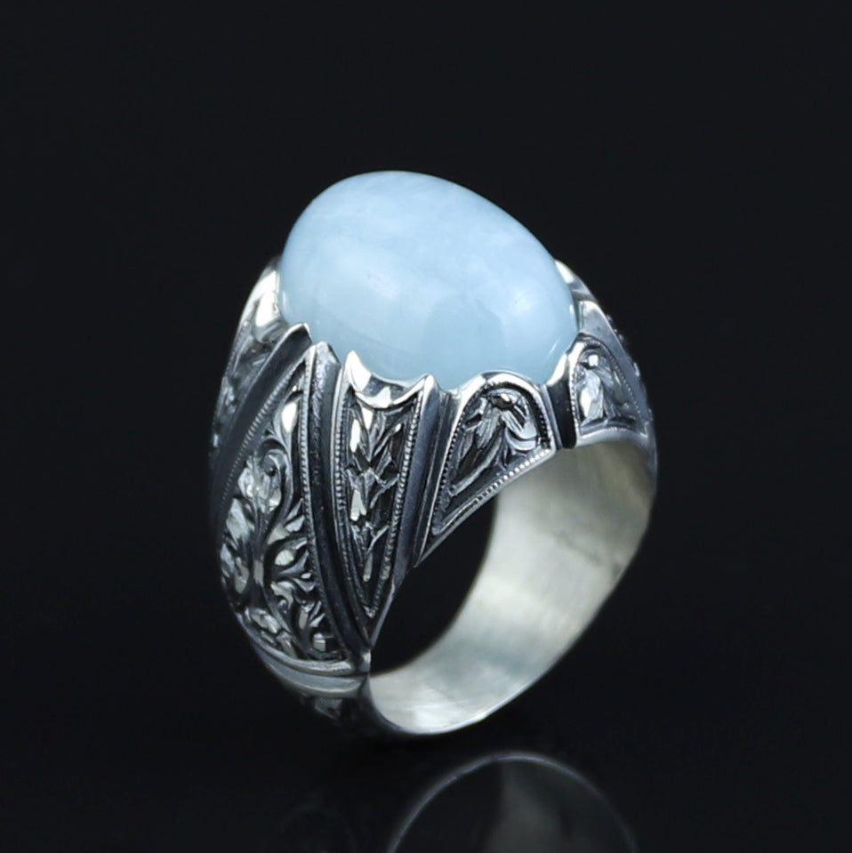 925 Men Handmade Silver Natural Aquamarine Gemstone Ring