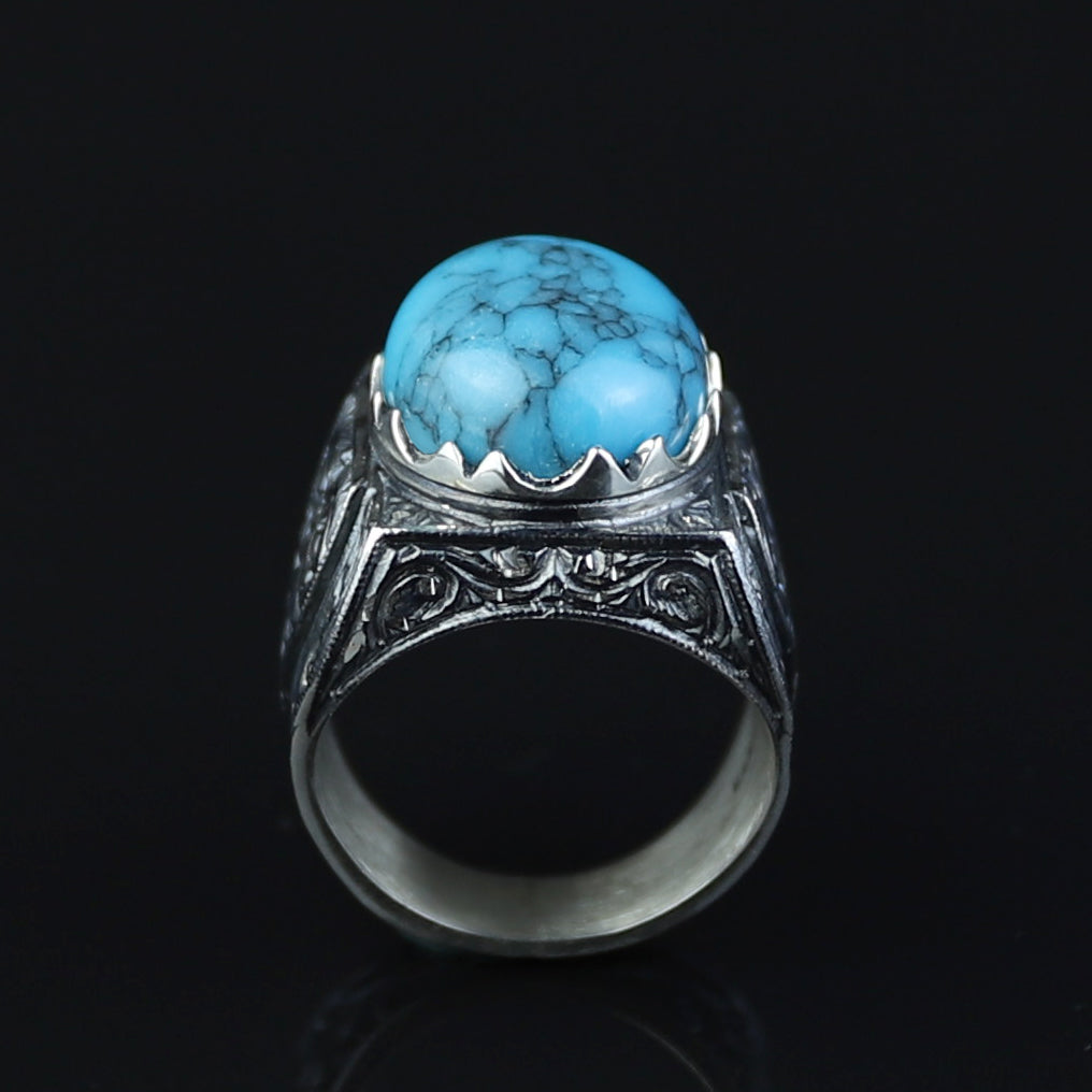 Men Handmade Hand-Engraved Blue Turquoise Gemstone Ring