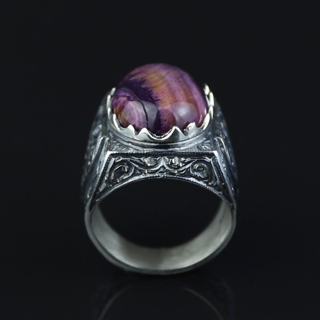 Anillo grabado a mano para hombre con piedra preciosa ojo de tigre púrpura