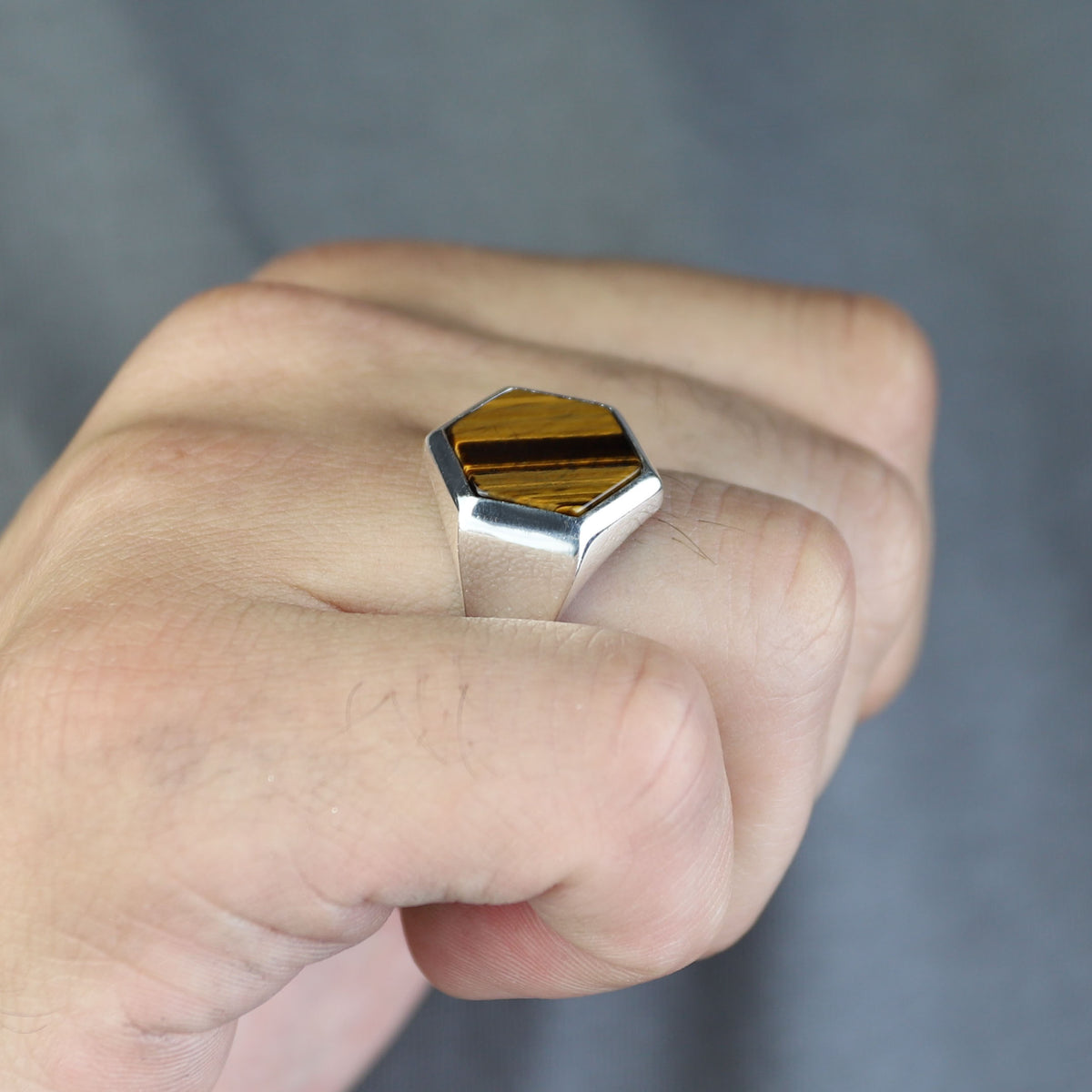 925 Hexagon Tiger's Eye Stone Ring, Silver Tiger Eye Ring, Signet Tiger Ege Gemstone Ring, Handmade Tiger Eye Stone Ring , Gift to Him