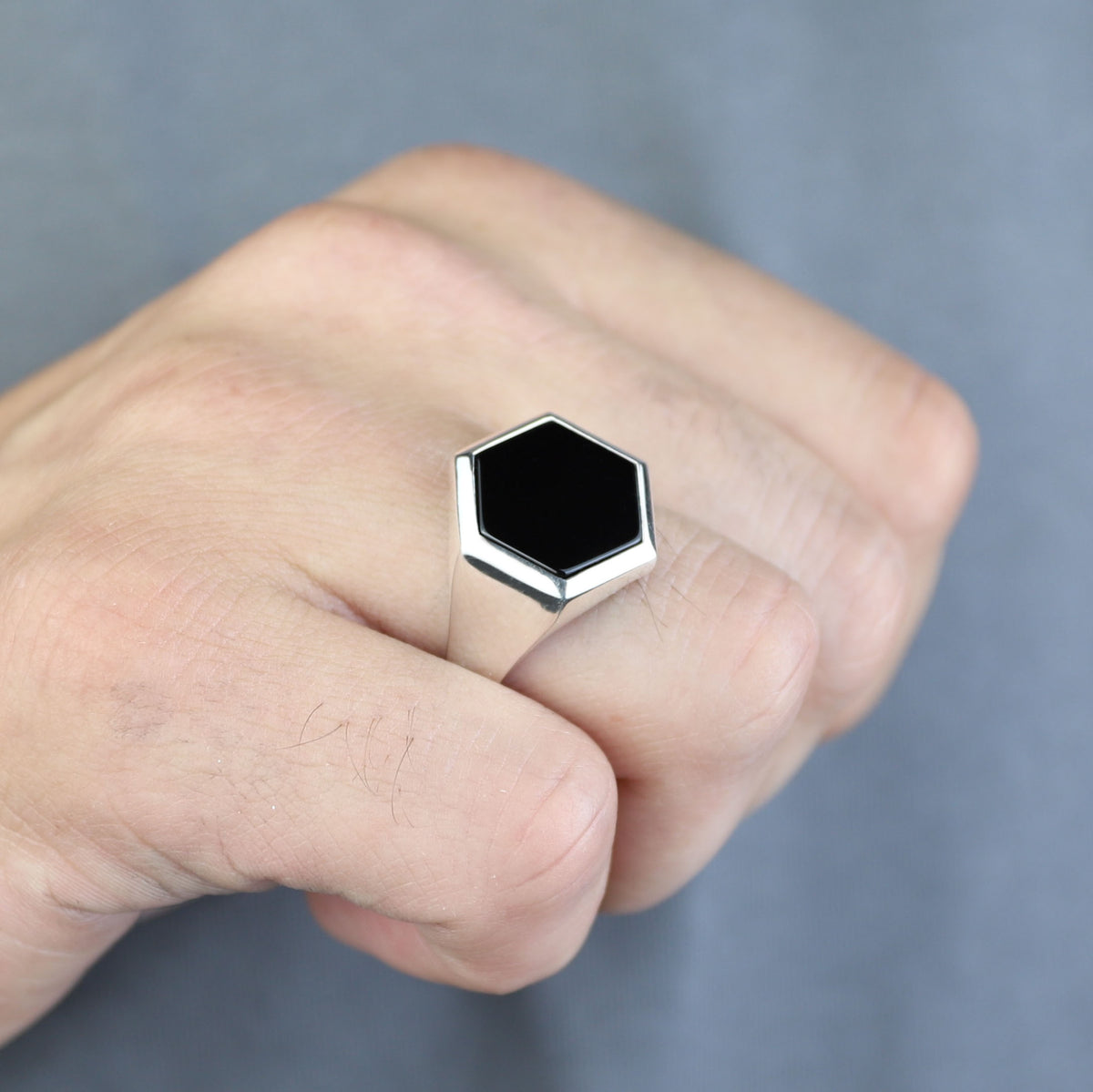 Mens Hexagon Onyx Signet Ring, Black Onyx Stone Ring, Modern Silver Men Ring, Classic Signet Ring, 925k Sterling Silver Ring, Gift For Him