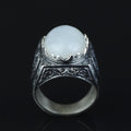 Men Handmade Natural Moonstone Gemstone Engraved Silver Ring